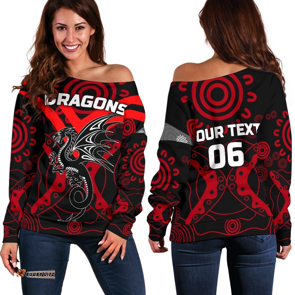Custom Personalised Dragons Women's Off Shoulder Sweater St. George Aboriginal, Custom Text And Number