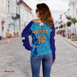 Custom Text And Number India Cricket Off Shoulder Sweater Men in Blue Mens T20 World Cup