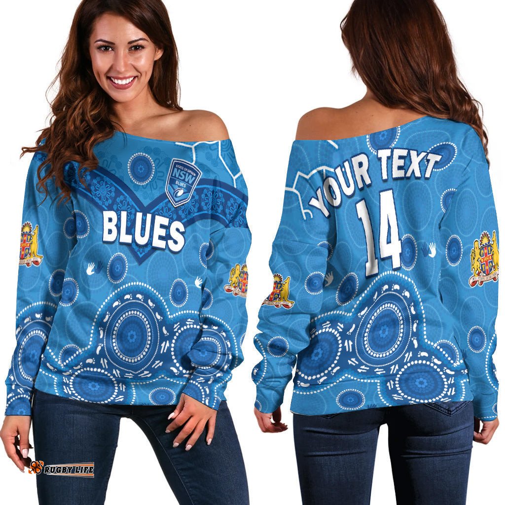 Custom Text And Number NSW Blues Rugby Off Shoulder Sweater New South Wales Aboriginal Dot Painting Unique Version