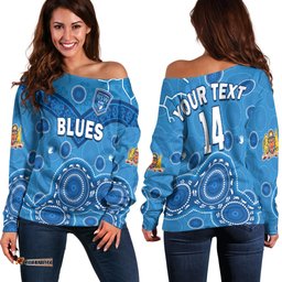 Custom Text And Number NSW Blues Rugby Off Shoulder Sweater New South Wales Aboriginal Dot Painting Unique Version