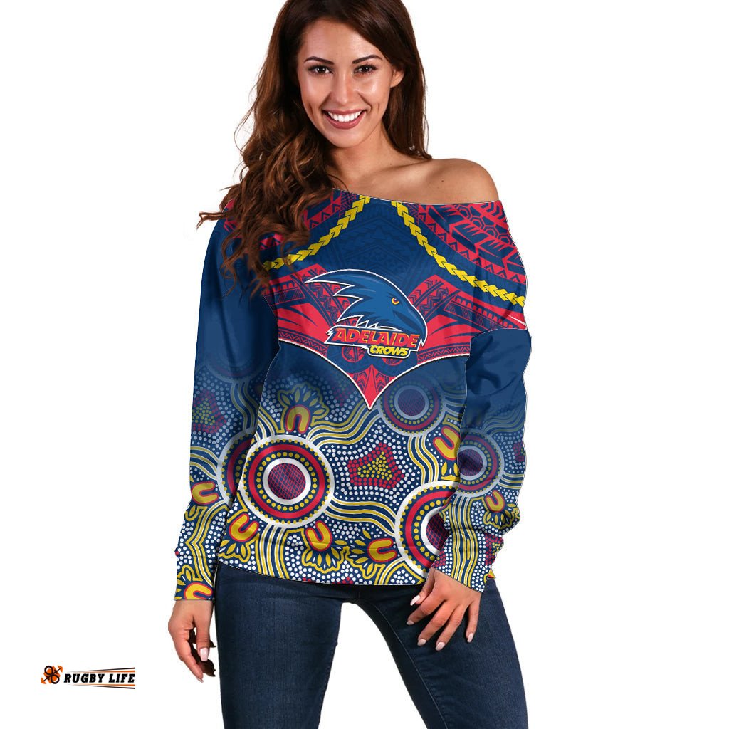 Personalised Adelaide Crows Football Off Shoulder Sweater Aboriginal Mix Polynesian Pattern