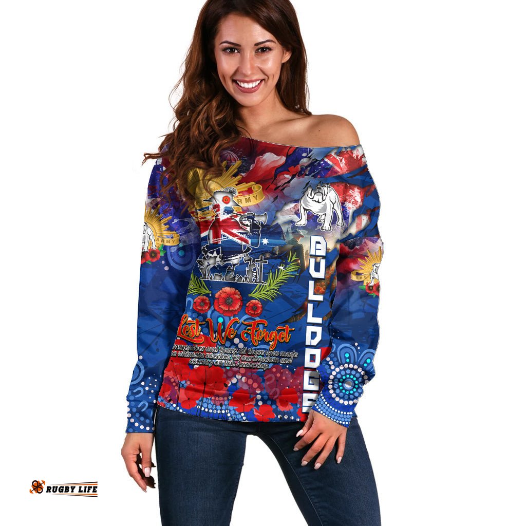 Personalised Australia Rugby Bulldogs ANZAC Off Shoulder Sweater Canterbury Bankstown Scratch Style