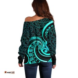 Turquoise New Zealand Mangopare Off Shoulder Sweater Aotearoa Maori Koru Style