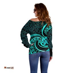 Turquoise New Zealand Mangopare Off Shoulder Sweater Aotearoa Maori Koru Style