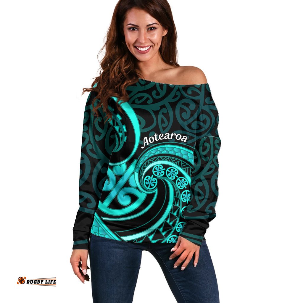 Turquoise New Zealand Mangopare Off Shoulder Sweater Aotearoa Maori Koru Style