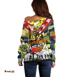 Personalised Cowboys ANZAC Day Off Shoulder Sweater Aboriginal Rising Sun