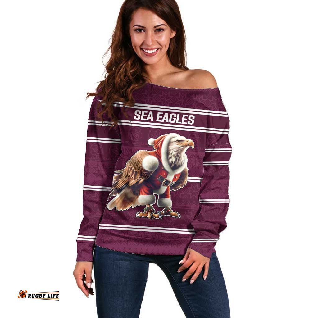 NRL Manly Warringah Christmas Personalised Off Shoulder Sweater with Sea Eagles Mascot
