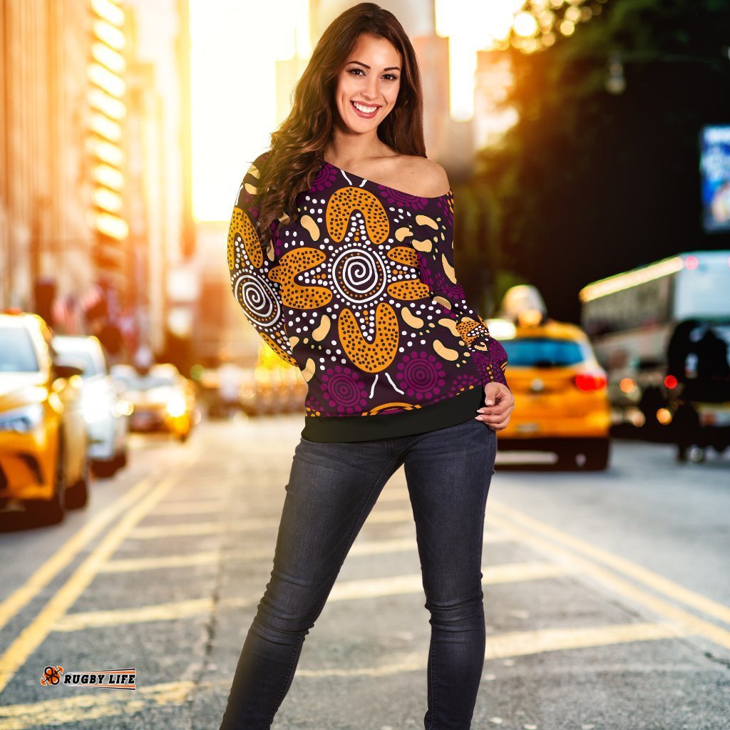 Aboriginal Women's Off Shoulder Sweater Flowers Dot Panting Art