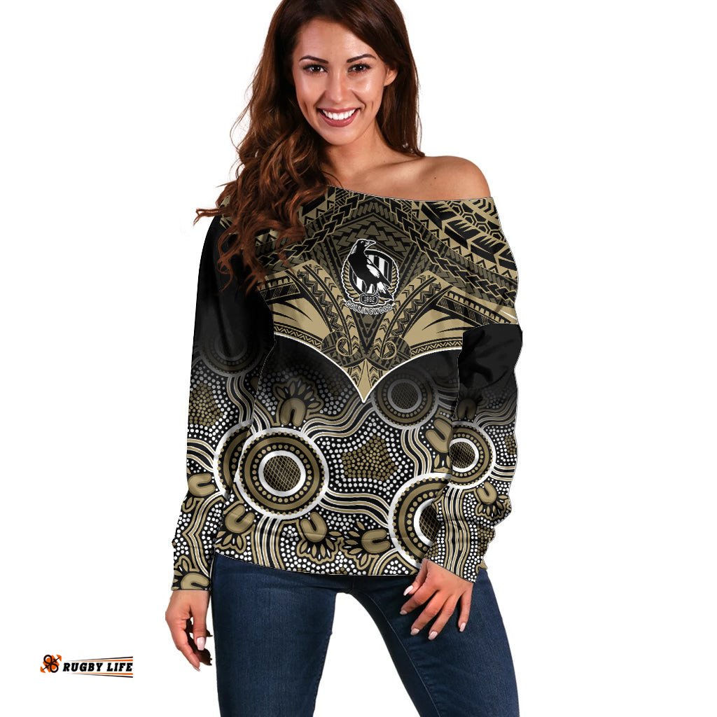 Personalised Collingwood Football Off Shoulder Sweater Go Magpies Aboriginal Mix Polynesian Pattern
