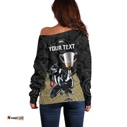 Personalised Collingwood Football Off Shoulder Sweater Magpies Go Champions Polynesian Indigenous Art