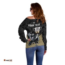 Personalised Collingwood Football Off Shoulder Sweater Magpies Go Champions Polynesian Indigenous Art