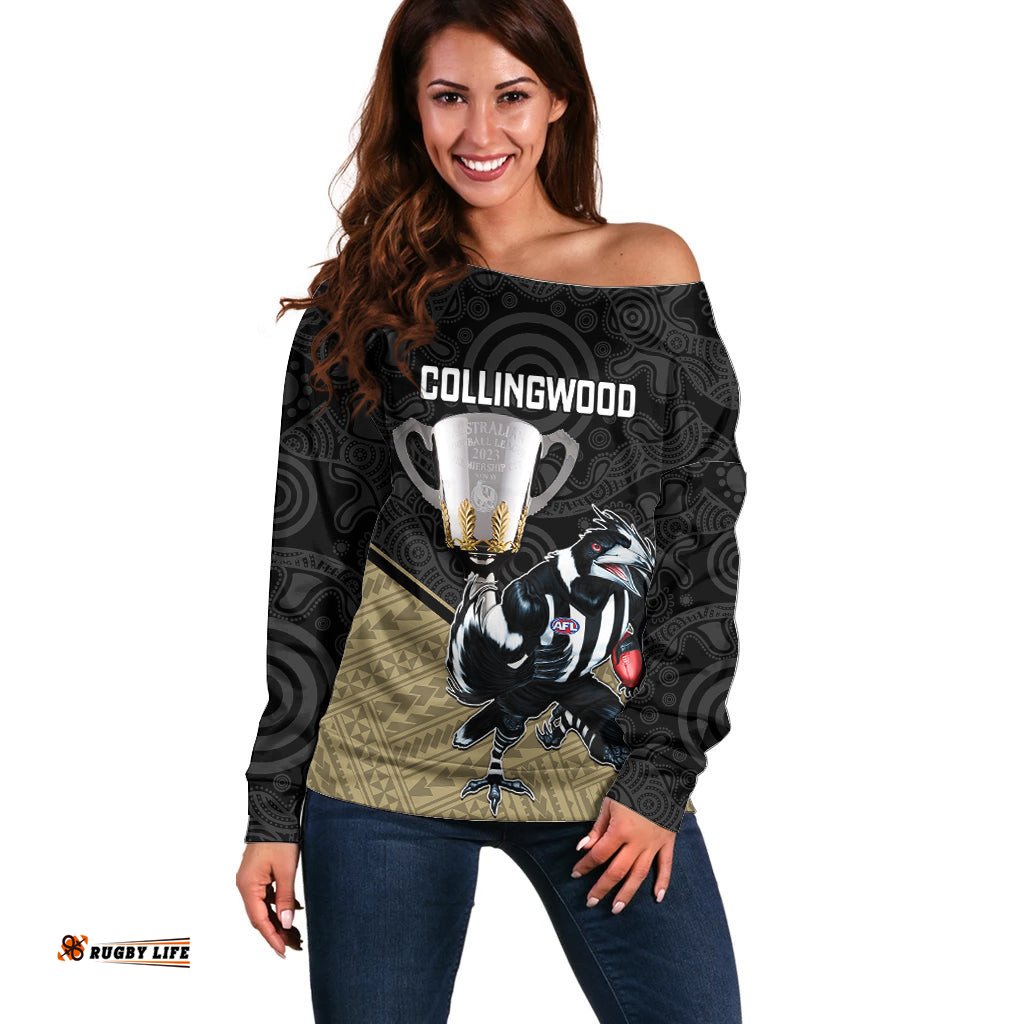 Personalised Collingwood Football Off Shoulder Sweater Magpies Go Champions Polynesian Indigenous Art