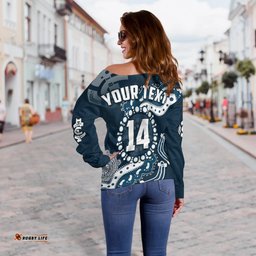 Custom Text And Number Carlton Football Off Shoulder Sweater Blues 1864 Boomerang Indigenous Artsy