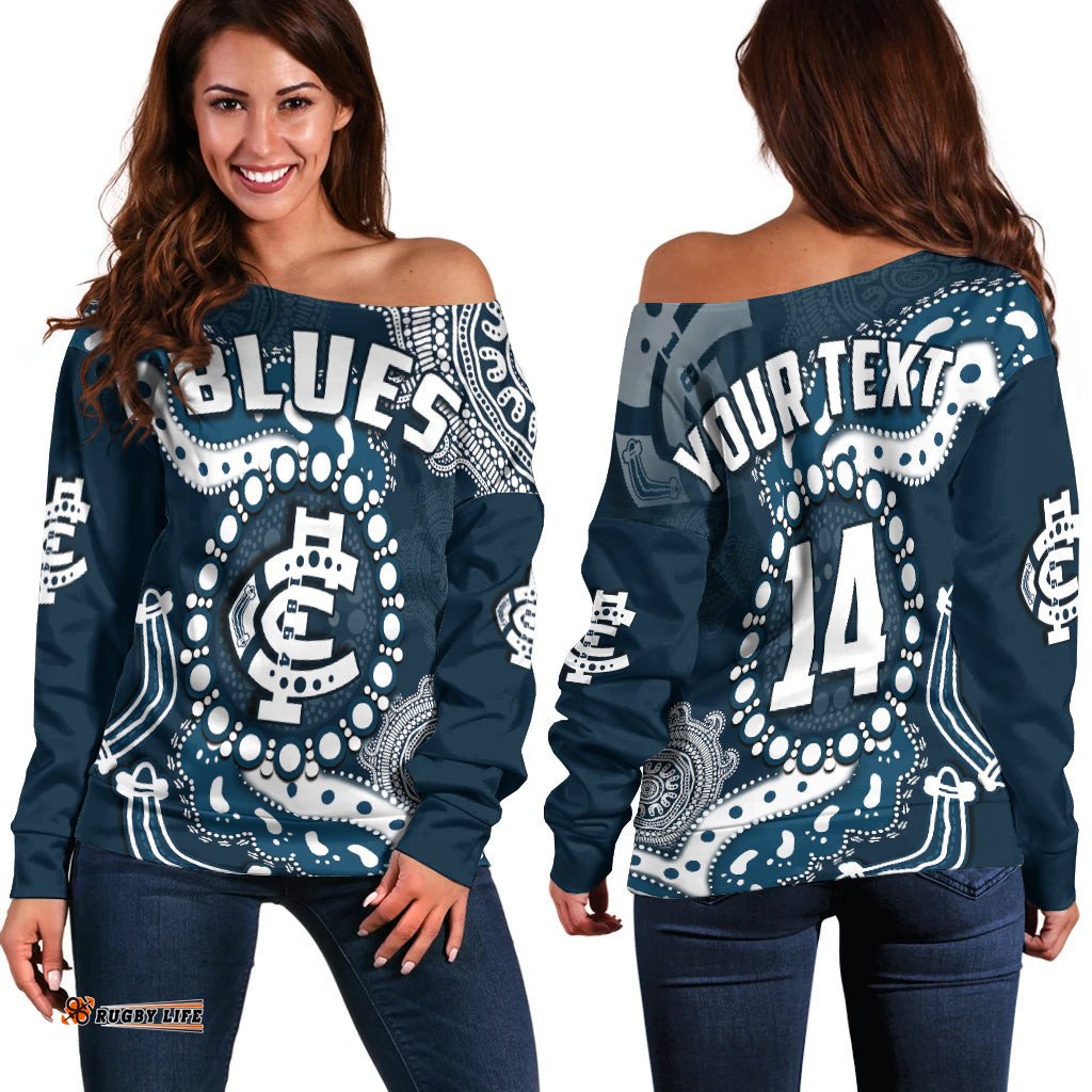 Custom Text And Number Carlton Football Off Shoulder Sweater Blues 1864 Boomerang Indigenous Artsy
