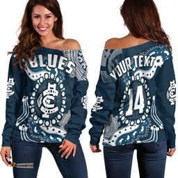 Custom Text And Number Carlton Football Off Shoulder Sweater Blues 1864 Boomerang Indigenous Artsy