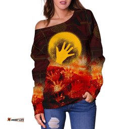 Aboriginal Women's Off Shoulder Sweater Indigenous Flag Hand Art