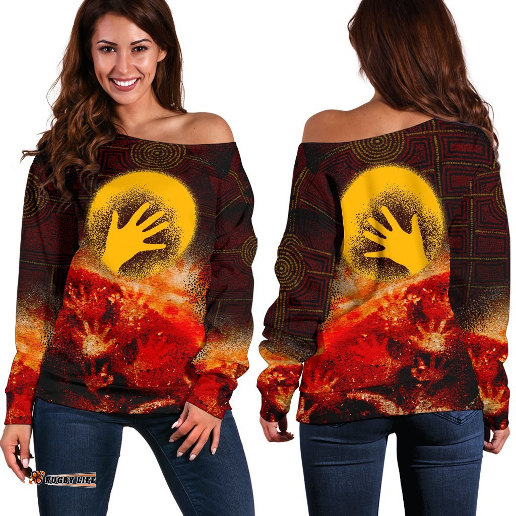 Aboriginal Women's Off Shoulder Sweater Indigenous Flag Hand Art