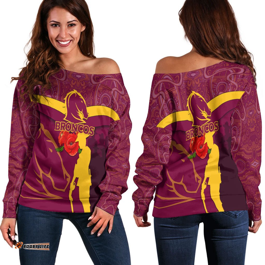 Brisbane Broncos Anzac Day Women Off Shoulder Sweater Indigenous Art