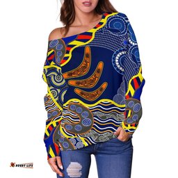 Aboriginal Off Shoulder Sweater, Australian Boomerang Dot Painting Art