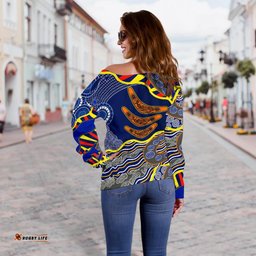 Aboriginal Off Shoulder Sweater, Australian Boomerang Dot Painting Art