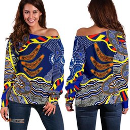 Aboriginal Off Shoulder Sweater, Australian Boomerang Dot Painting Art