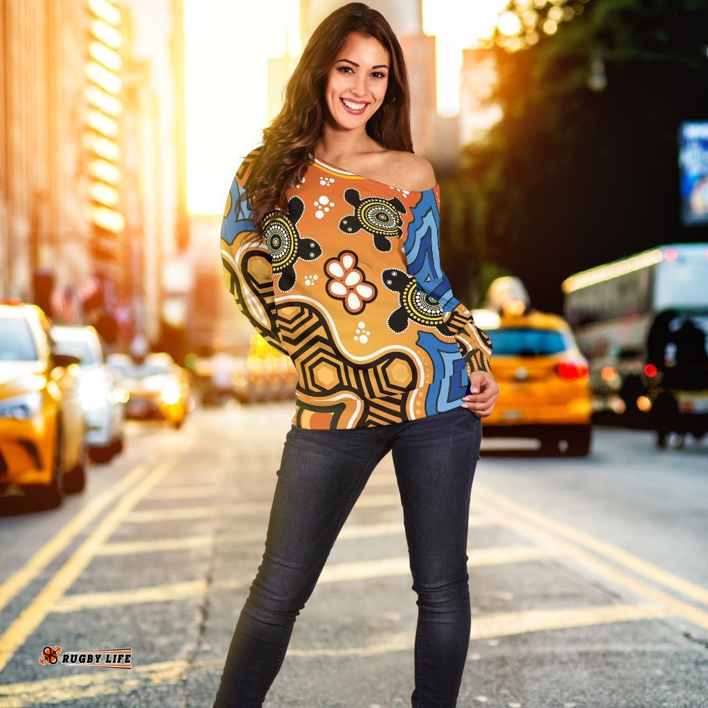 Aboriginal Women's Off Shoulder Sweater Indigenous Art Patterns Ver04