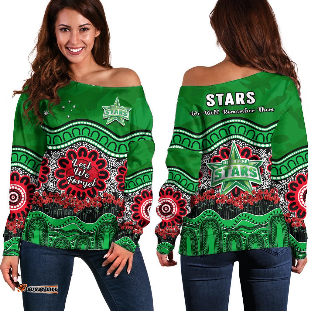 Stars Cricket ANZAC Off Shoulder Sweater Melbourne Poppy Aboriginal Camouflage