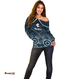 Personalised Carlton Football Off Shoulder Sweater Blues Aboriginal Mix Polynesian Pattern