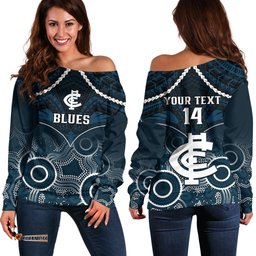Personalised Carlton Football Off Shoulder Sweater Blues Aboriginal Mix Polynesian Pattern