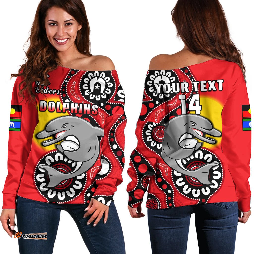 Custom Text And Number Dolphins Rugby NAIDOC Off Shoulder Sweater For Our Elders Aboriginal