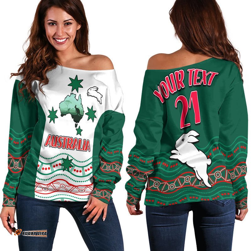 Custom Personalised Rabbitohs Australia Day Women Off Shoulder Sweater Flag Map and Aboriginal Wave