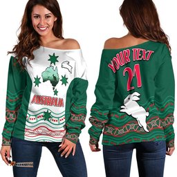 Custom Personalised Rabbitohs Australia Day Women Off Shoulder Sweater Flag Map and Aboriginal Wave