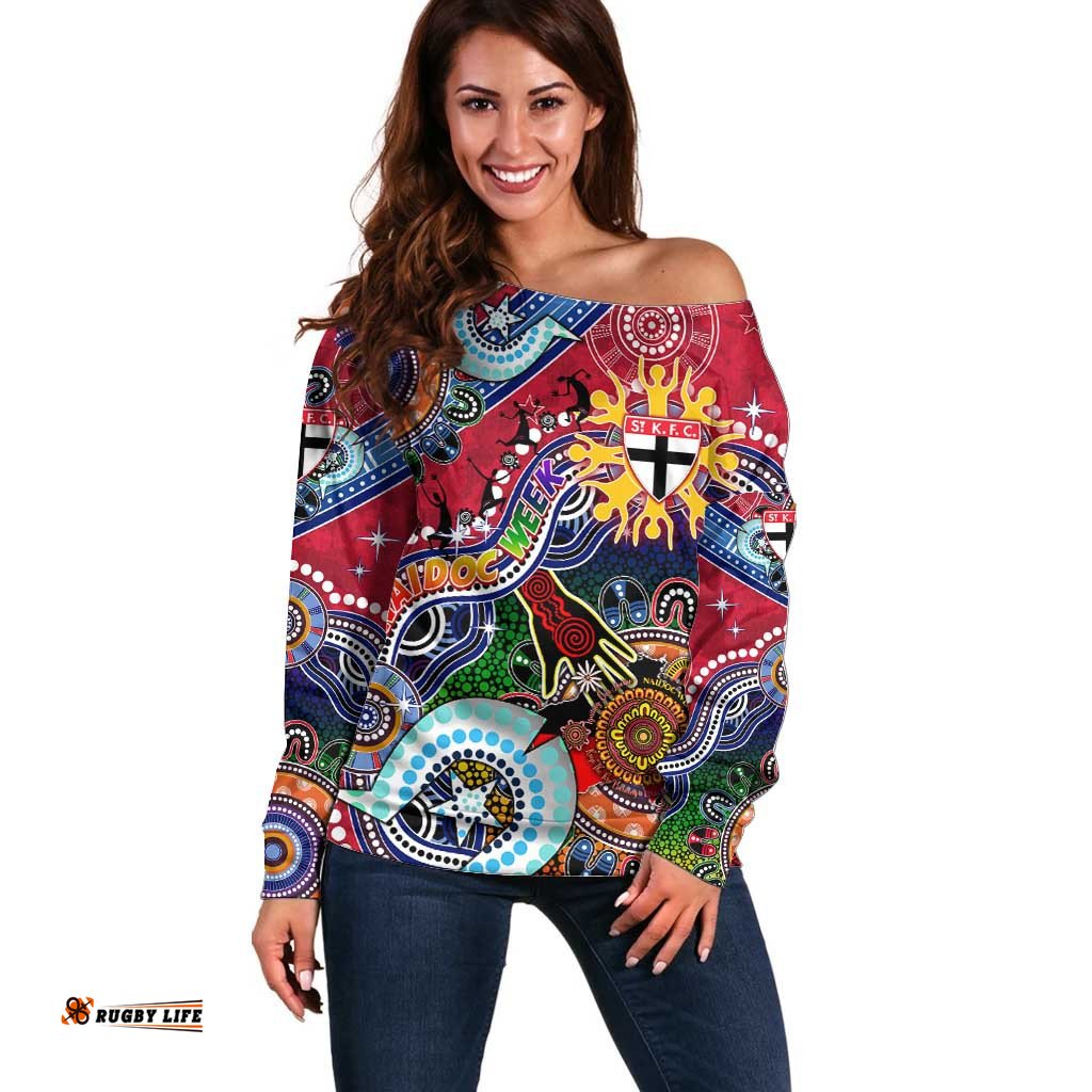 Custom NAIDOC Week 2024 St Kilda Saints Off Shoulder Sweater Australia Aboriginal Dot Painting