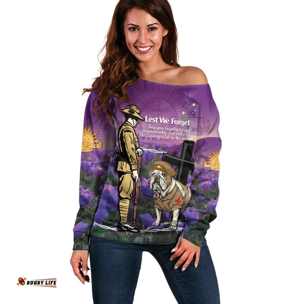 Australia Dog Heroes ANZAC Off Shoulder Sweater Remembering All Animals In War Purple Poppies