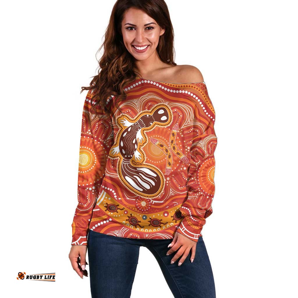 Aboriginal Goanna Art Off Shoulder Sweater Native Australian Animals
