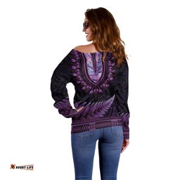 Purple African Dashiki With Aotearoa Maori Off Shoulder Sweater Paua Shell Mix Silver Fern