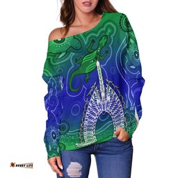 Custom Personalised Torres Strait Islands Off Shoulder Sweater Aboriginal Art Lizard Symbol Peace
