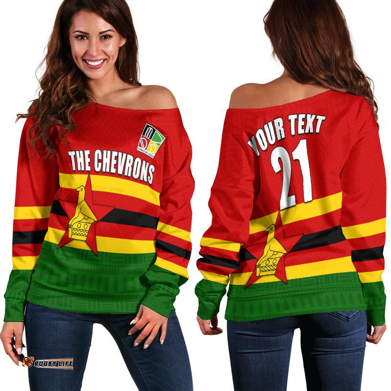 Custom Personalised The Chevrons Cricket Mix Zimbabwe Flag and Indigenous Pattern Women Off Shoulder Sweater