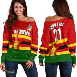 Custom Personalised The Chevrons Cricket Mix Zimbabwe Flag and Indigenous Pattern Women Off Shoulder Sweater