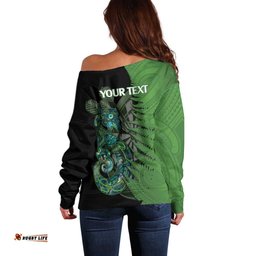 Personalised New Zealand Darts Off Shoulder Sweater Aotearoa Maori Fern Mix Manaia Tattoo