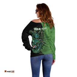 Personalised New Zealand Darts Off Shoulder Sweater Aotearoa Maori Fern Mix Manaia Tattoo