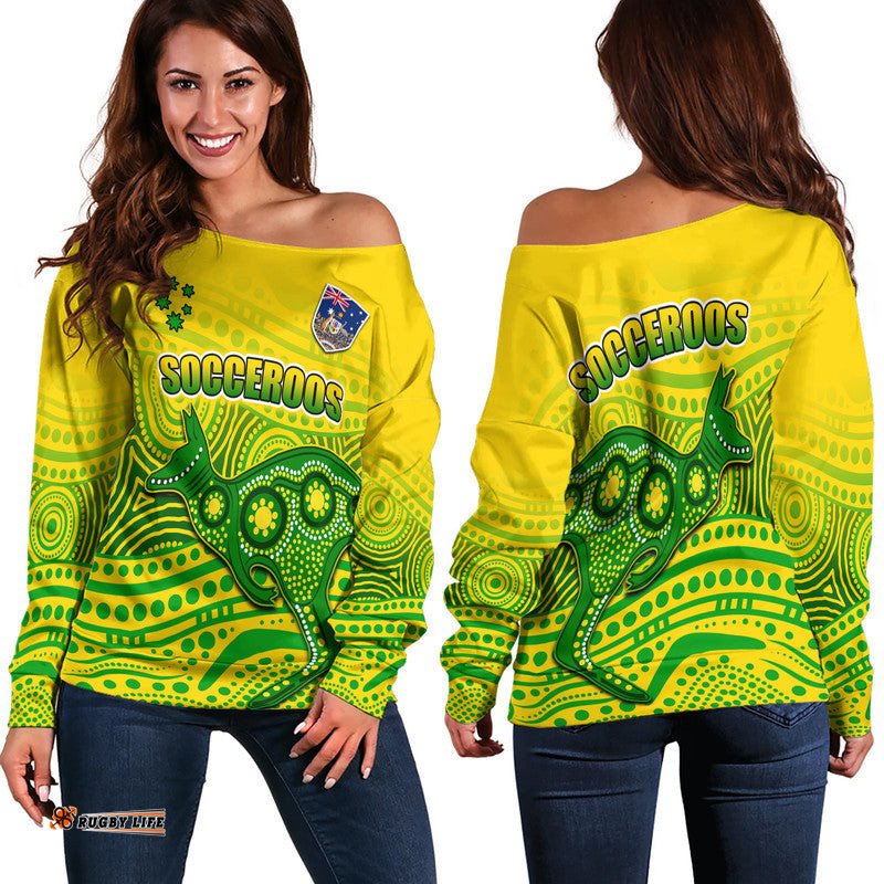 Australia Aboriginal Soccer Women Off Shoulder Sweater Kangaroo Socceroos Art Style