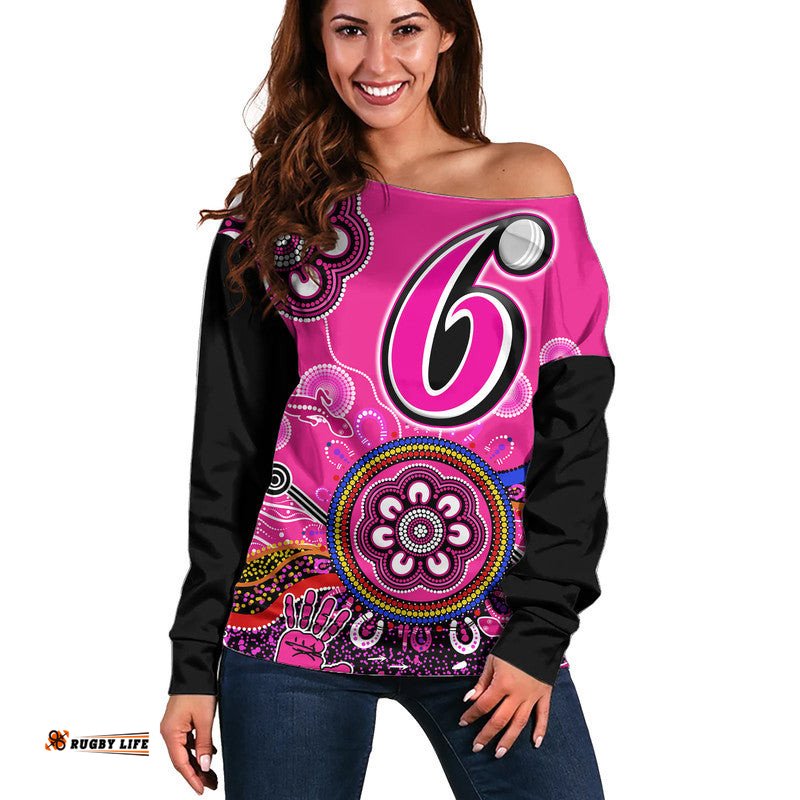 Custom Personalised Sydney Sixers Women Off Shoulder Sweater Cricket Indigenous Aboriginal Lizard Version