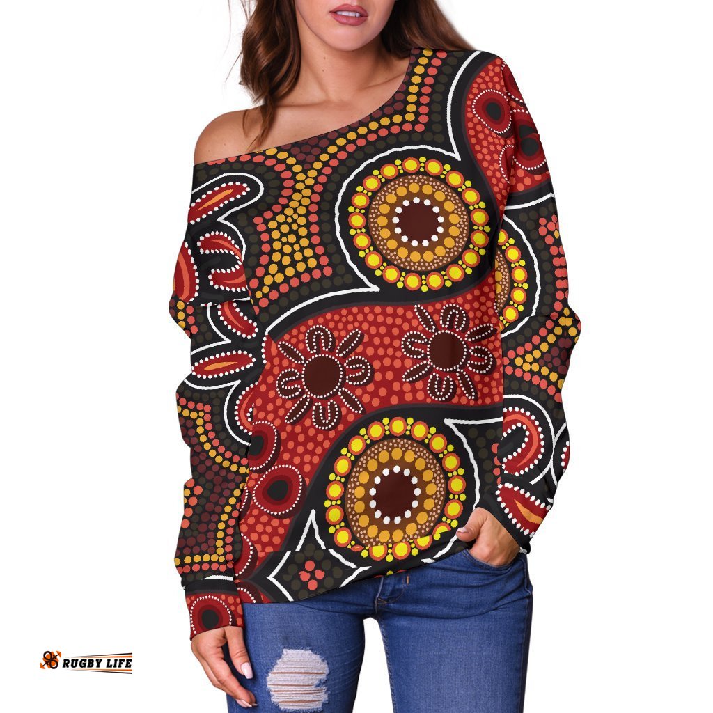 Aboriginal Women's Off Shoulder Sweater Indigenous Circle Dot Painting Style 07