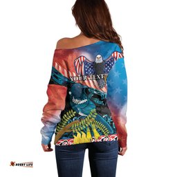 Personalised United States And New Zealand Off Shoulder Sweater USA Eagle With Kowhai Aotearoa Tui Bird