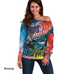 Personalised United States And New Zealand Off Shoulder Sweater USA Eagle With Kowhai Aotearoa Tui Bird