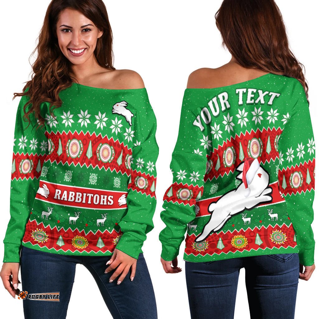 Custom Personalised Rabbitohs Christmas Off Shoulder Sweater Souths Aboriginal Art Merry Xmas