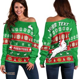 Custom Personalised Rabbitohs Christmas Off Shoulder Sweater Souths Aboriginal Art Merry Xmas