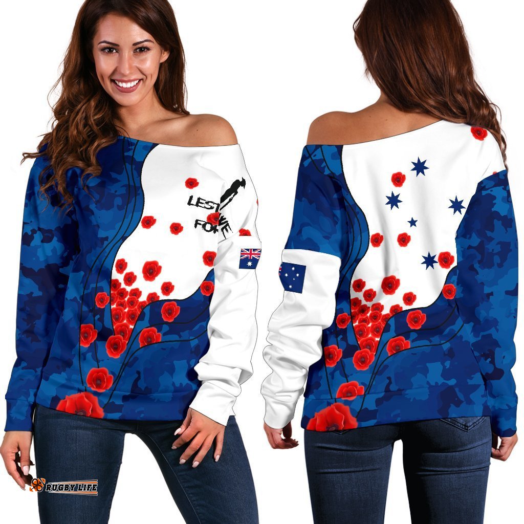 Anzac Lest We Forget Women's Off Shoulder Sweater Australian Flag Blue