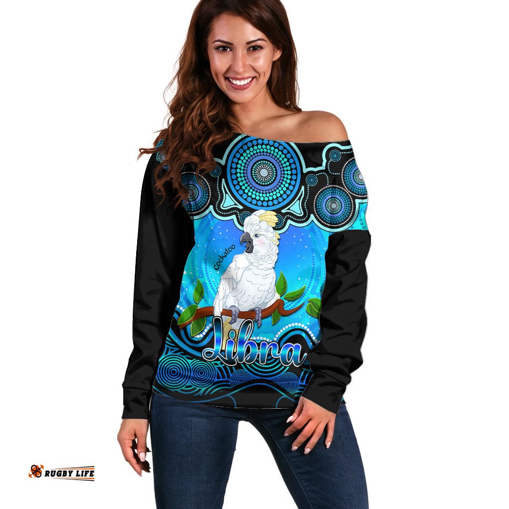 Personalised Australia Libra Cockatoo Zodiac Off Shoulder Sweater Auz Astrology Aboriginal Aqua
